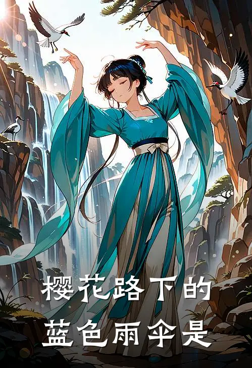 樱花路下的蓝色雨伞是